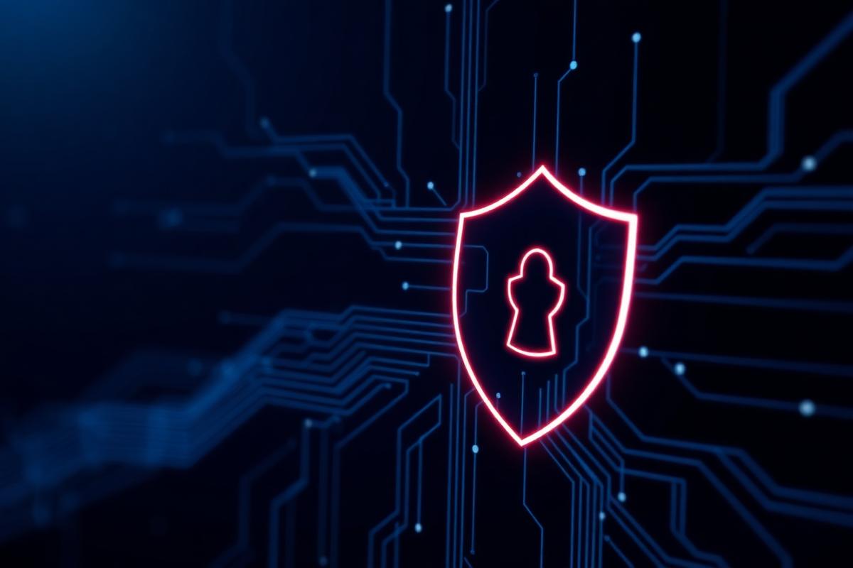 Digital shield emblem over a circuit board representing cybersecurity